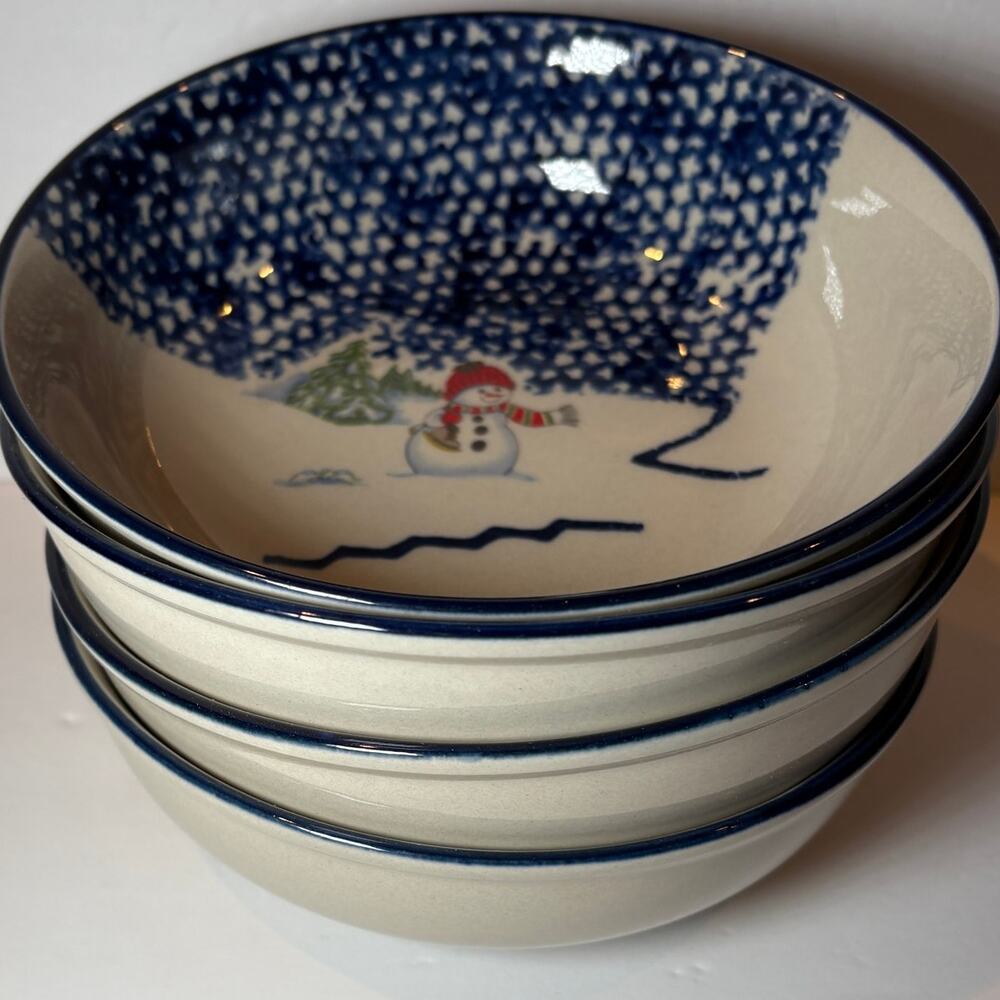 Set 4 Thomson Pottery Snowman Cereal Soup Bowls Winter Christmas Holiday